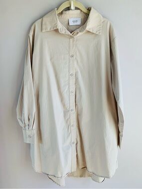 Legoe Heritage Maternity Shirt Dress Tan Neutral Cotton Button Front EUC XS